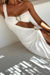 One Shoulder High Slit Midi Dress Metal Decor Strapless Bikini 3pcs Set - White